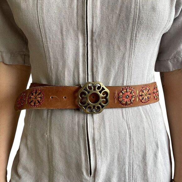 Lucky Brand Womens Brown Leather Multicolor Floral Hippie Western Belt Sz S - Picture 1 of 8
